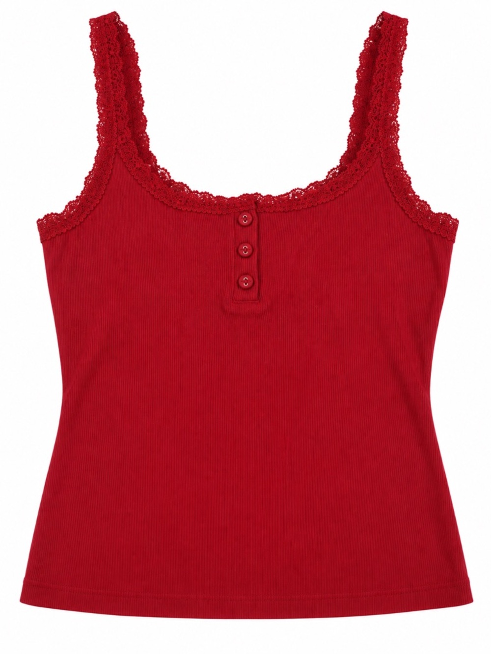 New - SKIMS Red/Burgundy Ribbed Lace Trim Henley Cami Tank Top | Size XL